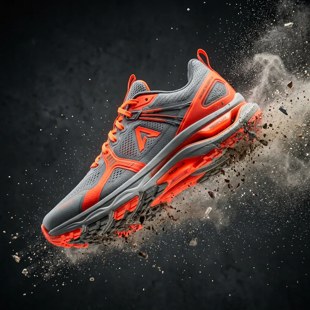Mid-air suspended orange running shoe