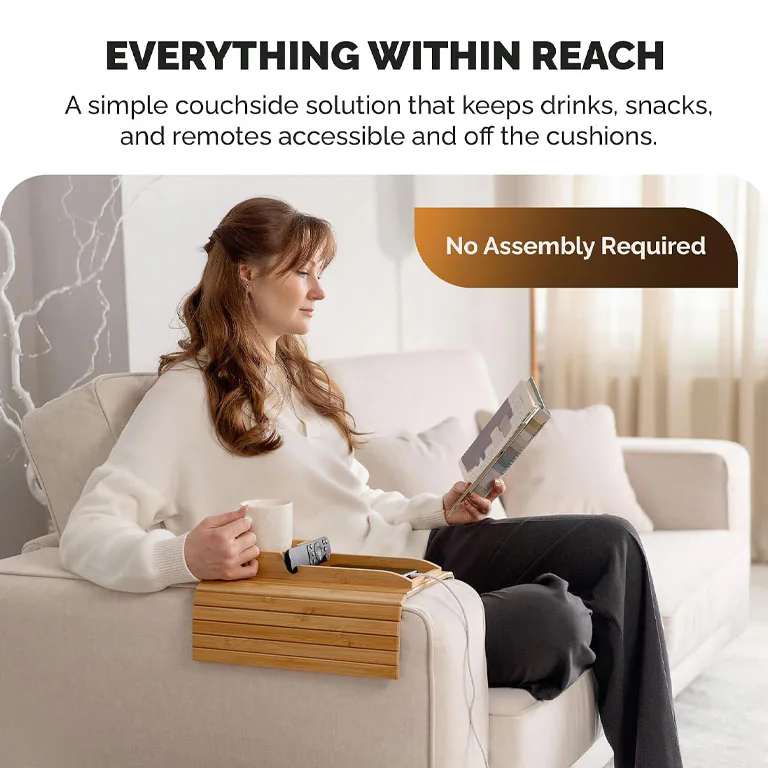 Bamboo Sofa Armrest Tray Anti-Slip Design